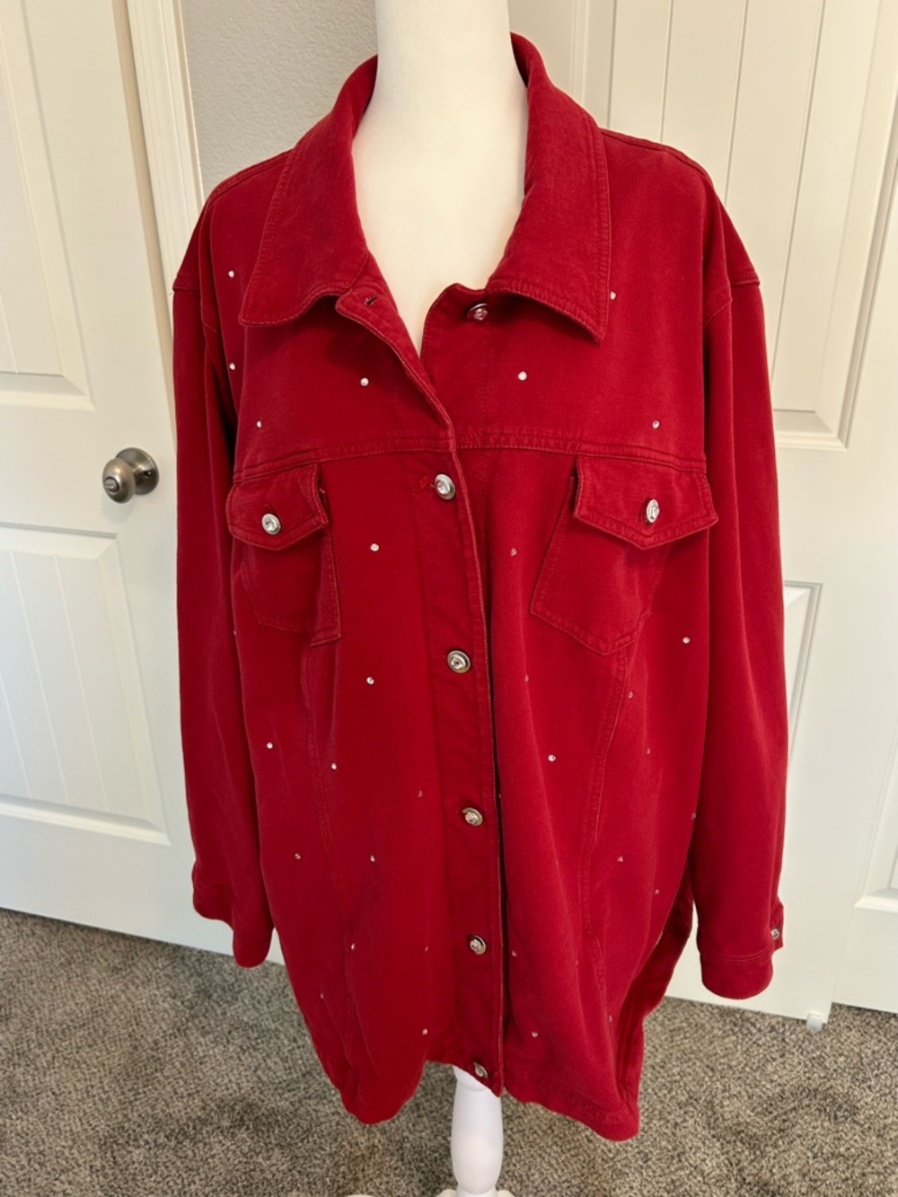 Quacker Factory Red Jean Jacket with crystal Stud Accents